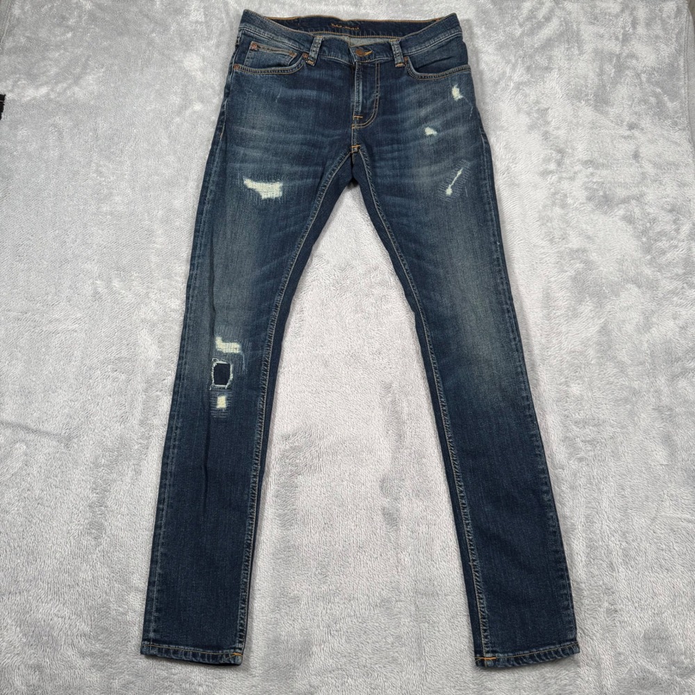 Nudie Jeans Co Tight Terry Loving Rip Mens 30x34 Fit 31x32 Blue Distressed Moto